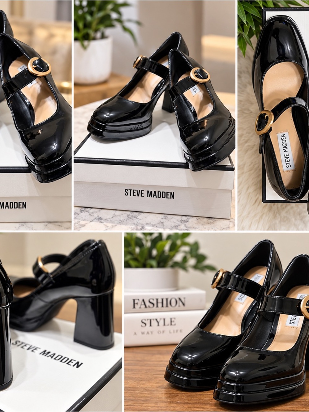 Steve Madden Black Patent Mary Jane Platform Heels with Gold Buckle